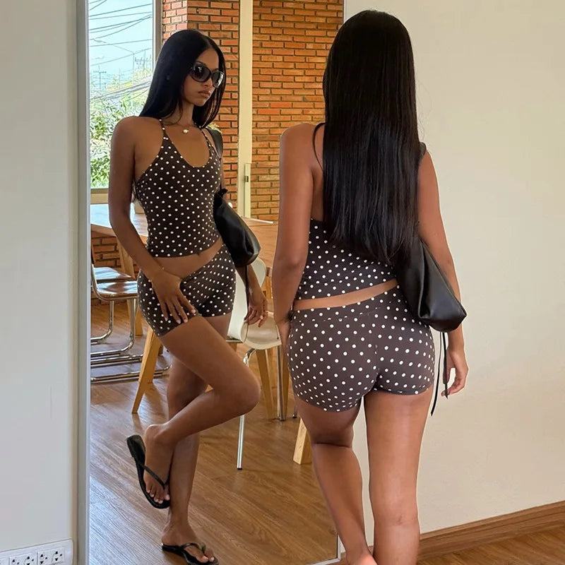 Brown Polka Dot Print 2 Piece Summer Set Halter Top and Shorts Matching Sets Woman Clothing