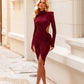 Elegant Hollow Dress Women Turtleneck Ruched Patchwork Full Sleeve Irregular Hem Skinny Stretch Party Club Bodycon