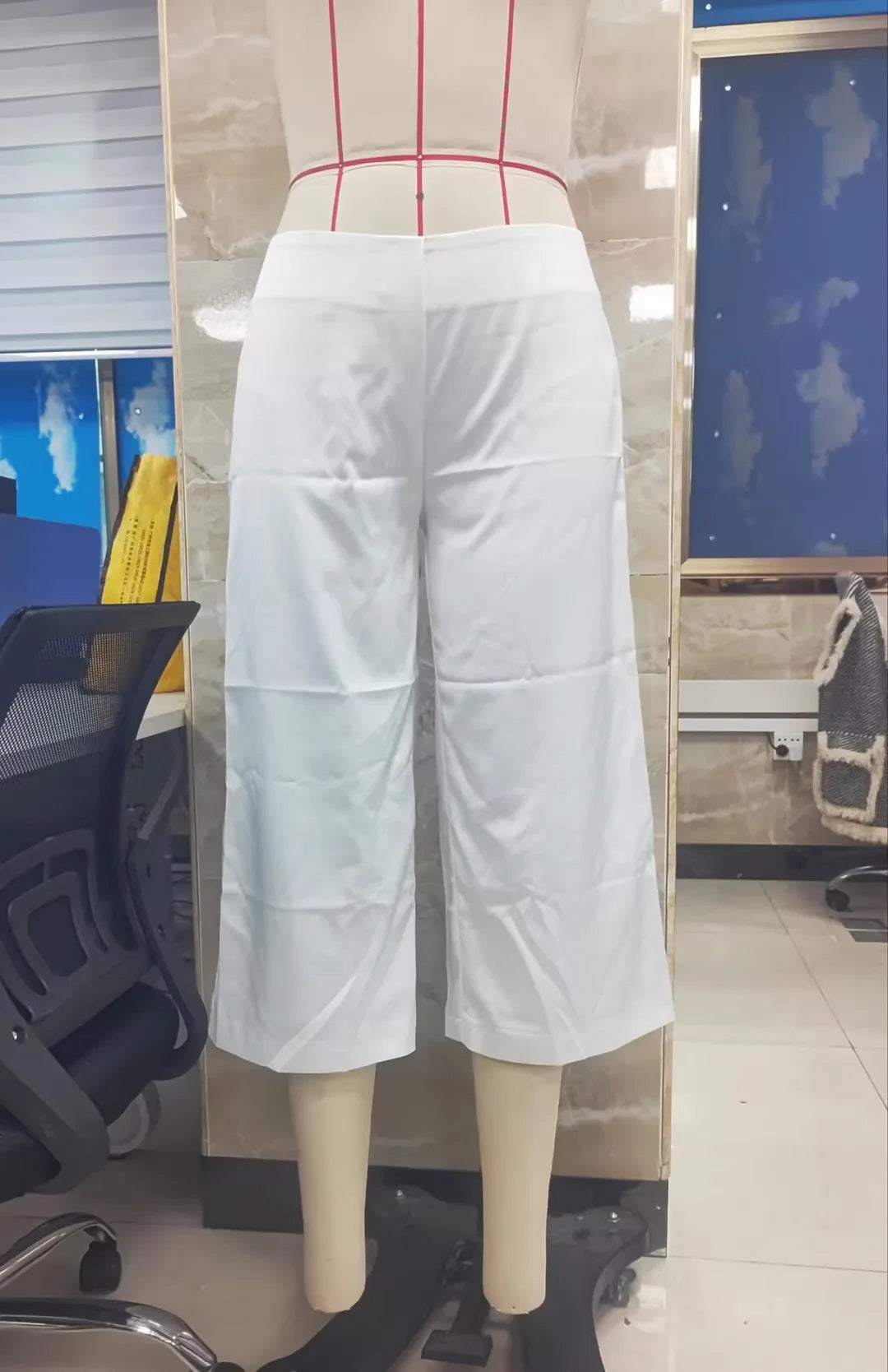 Silk Like Satin Capri Culottes Ladies High Rise Front Pleat Wide Leg Mid Calf Loose Draped Office Commuter Trousers
