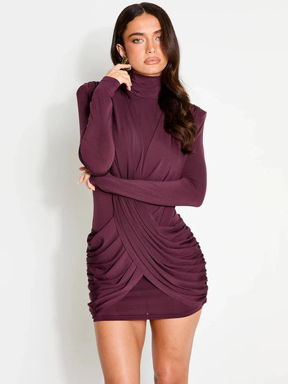 High Neck Shoulder Pads Long Sleeve Sexy Mini Dress Women Draped Cross Front Ruched Slim Bodycon Nightclub Party Dress