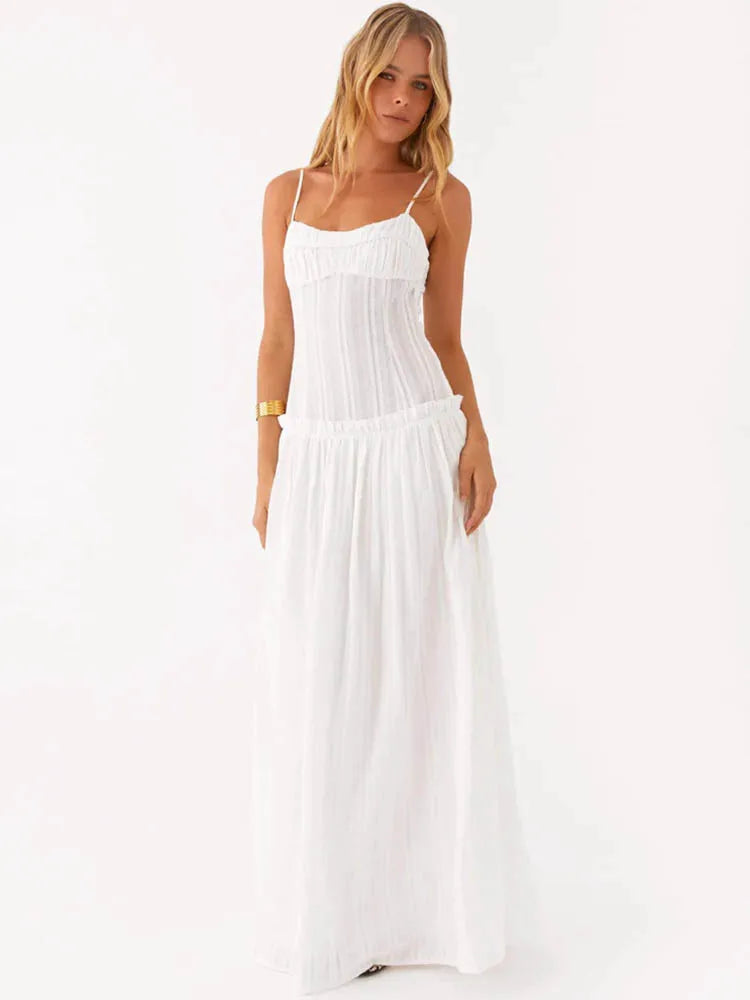 Elegant Spaghetti Strap Sexy Maxi Dress Women Gown Fashion Off-shoulder Sleeveless Backless Pleated Club Long Dresses