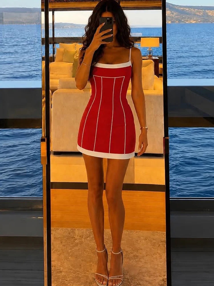 Contrast Color Patchwork Sling Dress Woman Summer Trend Low-Neck Backless Shape Waist Vacation Elegant Mini Bodycon
