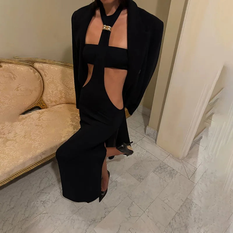 Hollow Halter Backless Split Long Dresses for Woman Party Night Club Outfits Sexy Little Black Dress