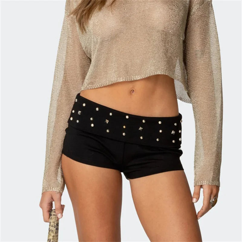 Womens Y2k Grunge Mini Shorts Fold Over Low Rise Studded Rivet Rave Concert Club Punk Goth Micro Bottoms Streetwear