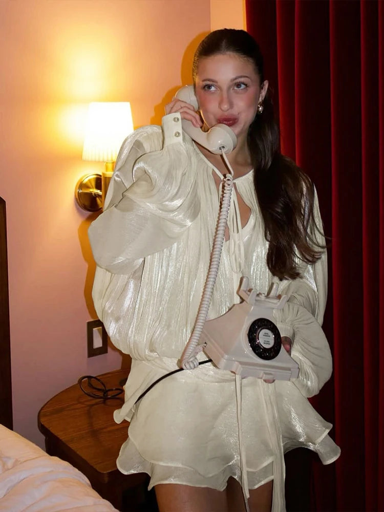 See Through 2piece Set Women Sexy Satin Y2K Lace Up Tierred Hem Dress+Sash Sexy Autumn Trend Matching Clubwear Outfits