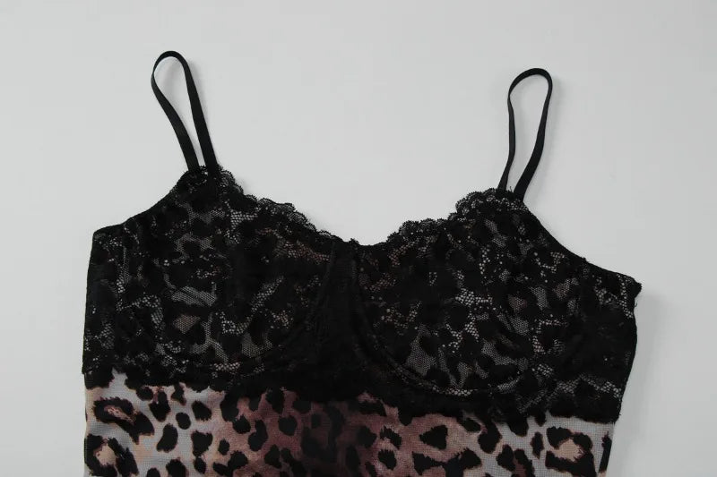 Lace Trim Leopard Print Bodycon Dresses Sexy Spaghetti Strap Backless Mini Dress Woman Clothing Club Wear