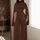 Casual Ribbon 2-Piece Set Women Cape Sleeve Skinny Top+Straight Trousers Matching Simple Elegant Stretch Slim Outfits