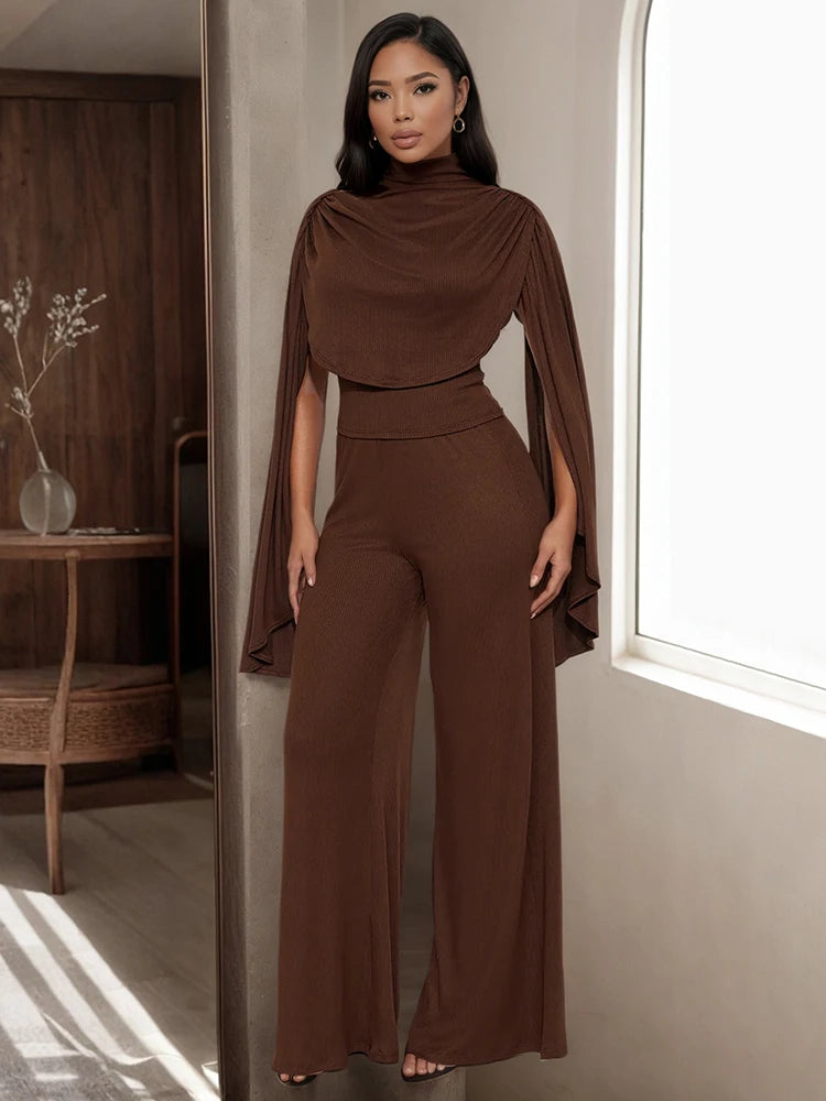 Casual Ribbon 2-Piece Set Women Cape Sleeve Skinny Top+Straight Trousers Matching Simple Elegant Stretch Slim Outfits