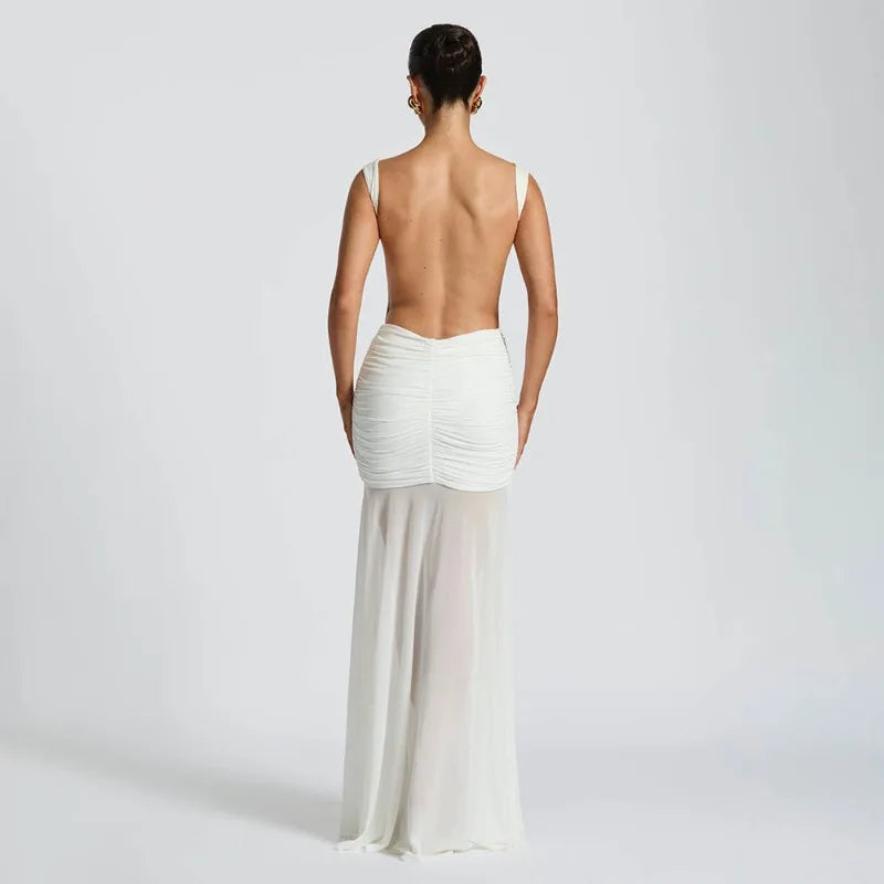 Sleeveless Backless Split Pleated Maxi Dress Elegant Sexy Evening Party Dresses for Wedding Guest