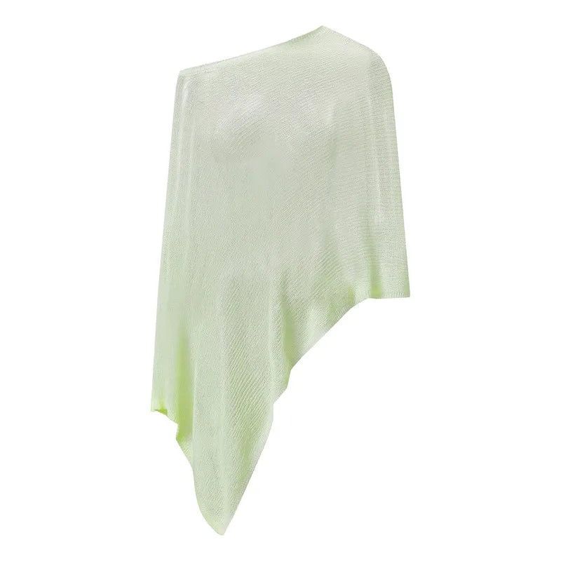 Fashion Women's Sheer Ponchos Off Shoulder Solid Color Asymmetrical Shaw Wrap T-Shirts Oversized Knit Tops