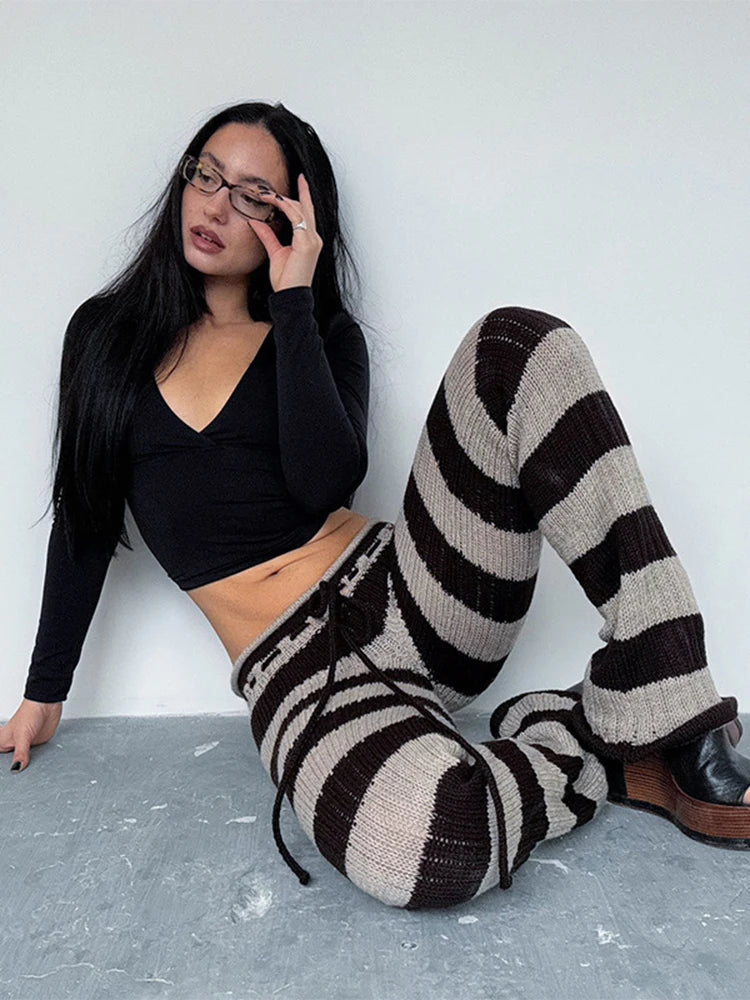 Autumn Trend Long Pants Woman Stripe Patchwork Crochet Shirring Elastic High Waist Skinny Peach Hip Street Style Bottoms