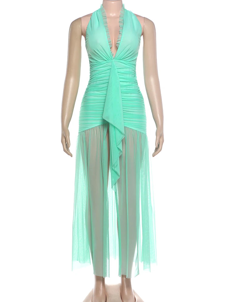 Elegant Backless Dress Women Deep V-Neck Halter Ruched Split Mesh Patchwork Sexy Party Club Peach Buttocks Vestidos