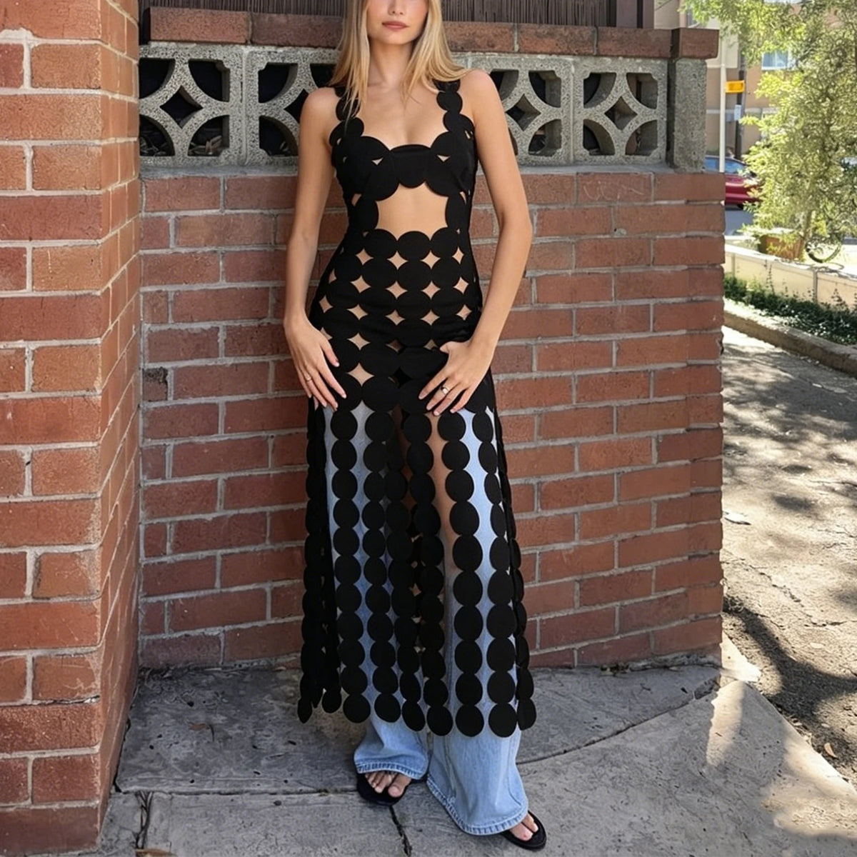 Women Sleeveless Cut Out Dot Mesh Maxi Dress Tassel Hem See Through Bodycon for Party Club Night Out Events
