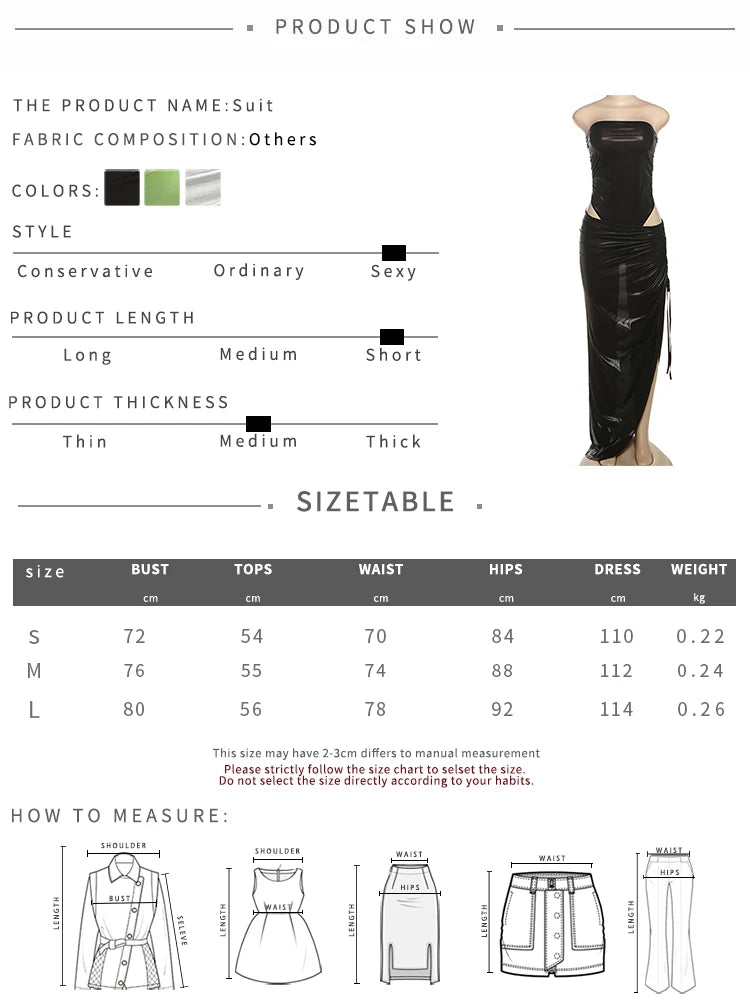 Silk Summer 2 Piece Set Women Strapless Bodysuit+Irregular Side Split Shirring Skirts Midnigh Clubwear Matching Suits