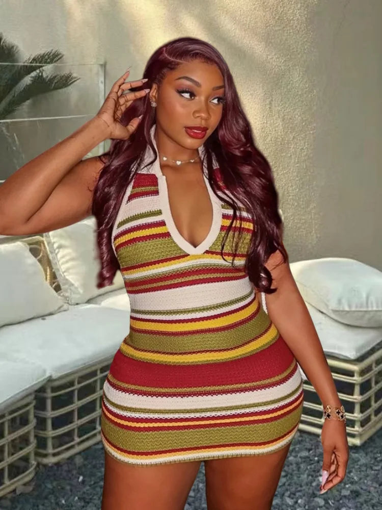 Colorful Stripe Mini Dress Women Halter Low-Neck Sexy Backless Skinny High Elastic Vacation Fashion Trend Streetwear