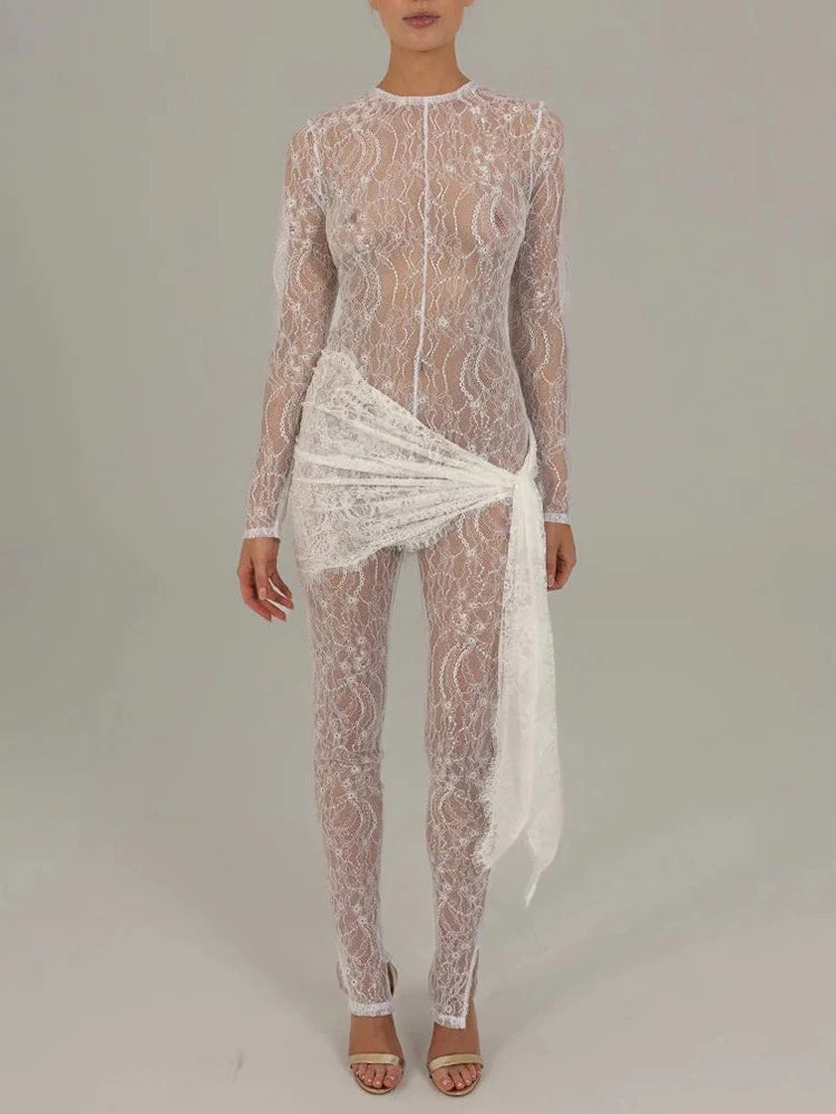 Lace See Through Long Sleeve Sexy Jumpsuit Women Fashion Transparent Irregular Elegant Club Party Jumpsuits Beachwear