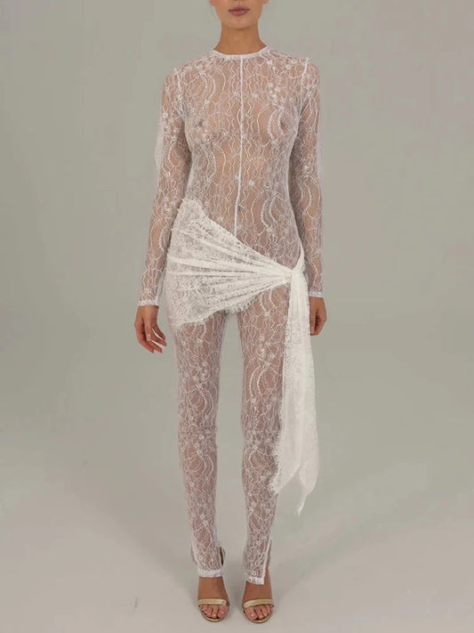 Lace See Through Long Sleeve Sexy Jumpsuit Women Fashion Transparent Irregular Elegant Club Party Jumpsuits Beachwear