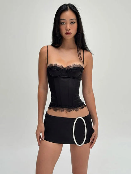 Lace Patchwork Camisole Women Low-Neck Skinny Music Festival Summer New Trend Sexy Midnight Hottie Wild Streetwear