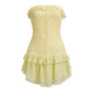 Women Strapless Lace Corset Bodycon Mini Dress Ruffle Trim Layered Irregular Chiffon Hem Back Zipper Party Club Dress