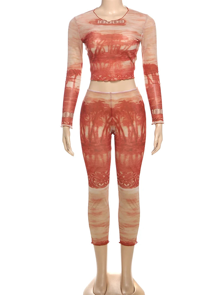 See Through Women 2 Piece Set Sexy Print Coquette Crop Tops+Leggings Stretch Tight Clubwear Matching Summer Outfits
