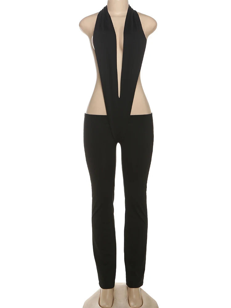 Irregular Hollow Sexy Jumpsuits Women Bandage Halter Deep V-Neck Backless Skinny Stretch Hot Girls Hipster Streetwear