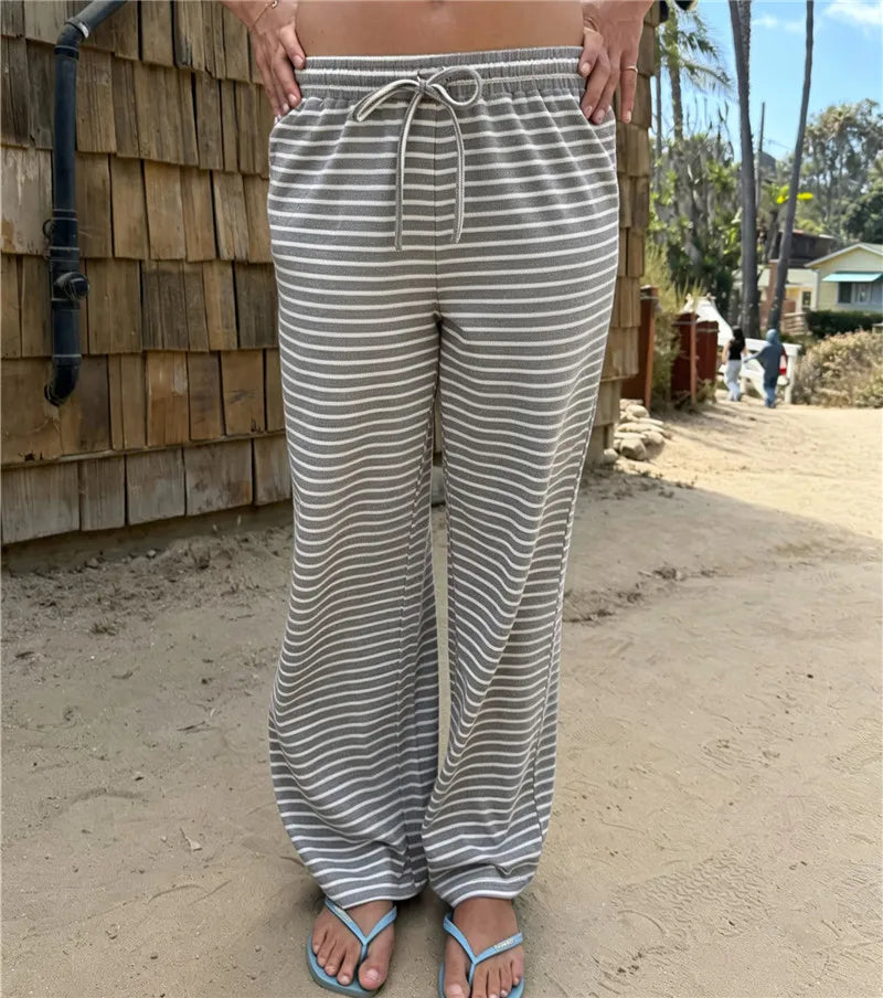 Women Ruffle Drawstring Elastic Waist Striped Wide Leg Pants Soft Loose Lightweight Beach Casual Daily Wear Trousers