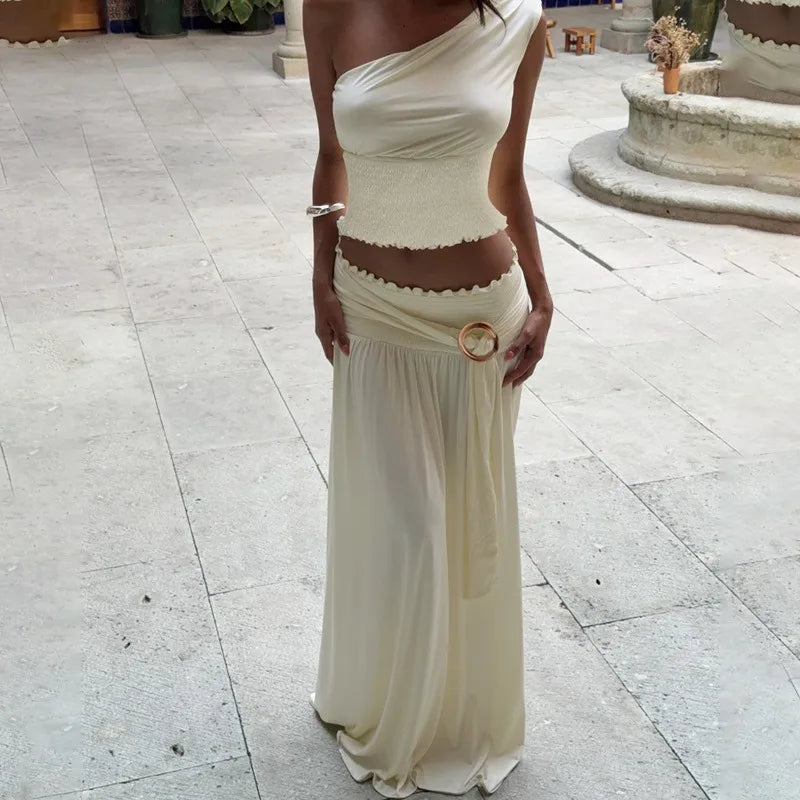 Sexy Two Piece Set Smocked One Shoulder Crop Top and Long Skirts Elegant Woman Vacation Outfits