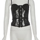 Patchwork Lace Camisole Single Row Buckle Low-Neck See Through Sexy Hottie Street Midnight Fashion Skinny Classic Tops