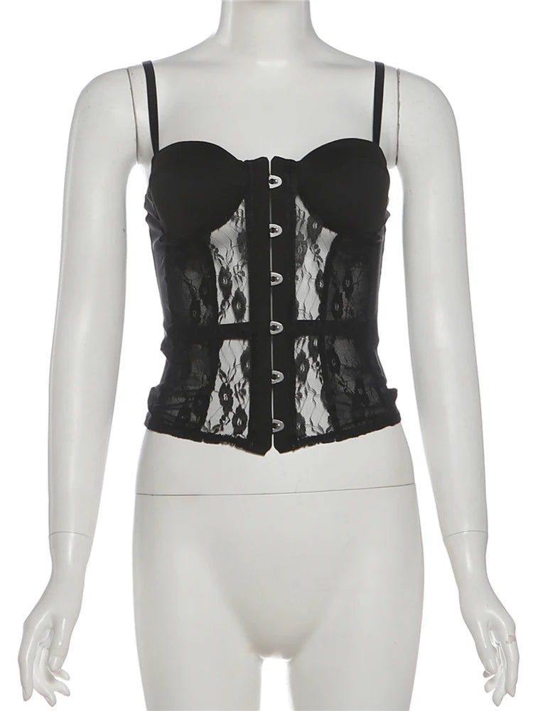 Patchwork Lace Camisole Single Row Buckle Low-Neck See Through Sexy Hottie Street Midnight Fashion Skinny Classic Tops