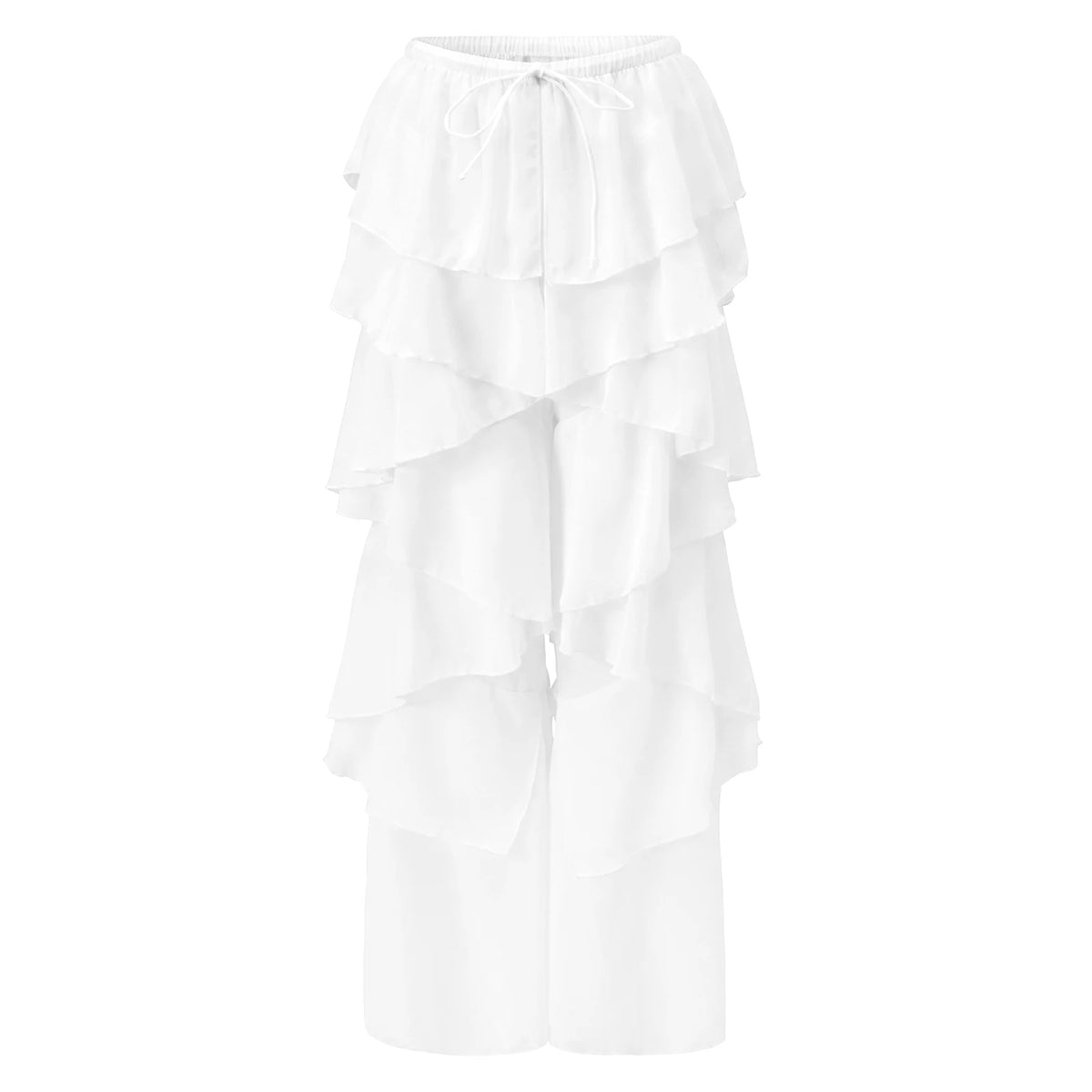 Tiered Ruffle Sheer Chiffon Wide Leg Pants Women Beach Bikini Cover Up Drawstring Waist Casual Vacation Trousers