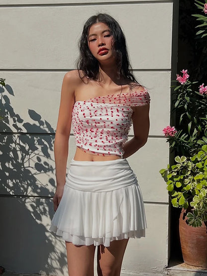 Sweet Folds 2-Piece Set Love Print Patchwork Single Shoulder Tank Tops+Multilayer Mesh Skirts Slim Matching Clubwear