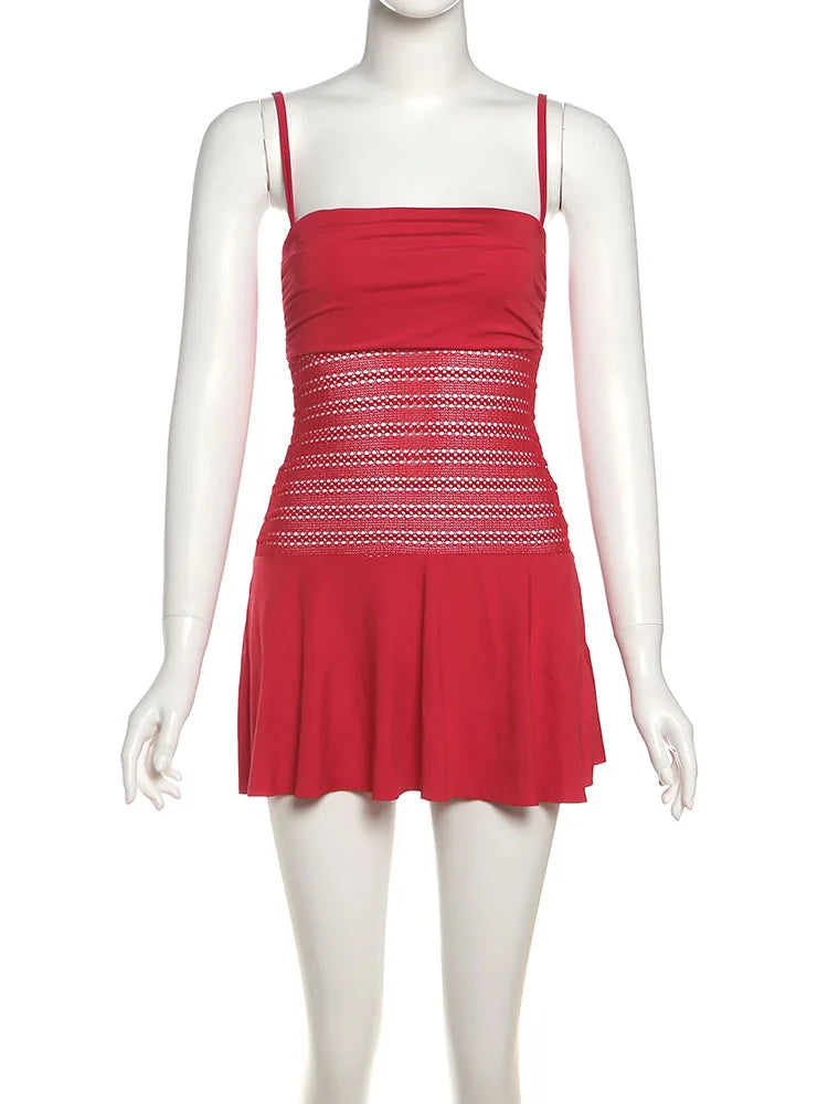 Hollow Dress Women Fold Straples Patchwork Low-Neck Sleeveless Backless Sexy Midnight Summer Trend Party Mini Bodycon