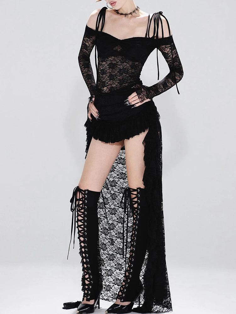 Irregular Hem Dress Women Slash Neck Sexy See Through Bandages Jacquard Lace Full Sleeve Ruched Ruffled Party Bodycon