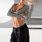 Stripes Print Crop Tops Woman Autumn Trend Low-Neck Full Sleeve Skinny Stretch High Street Versatile Style T-Shirts