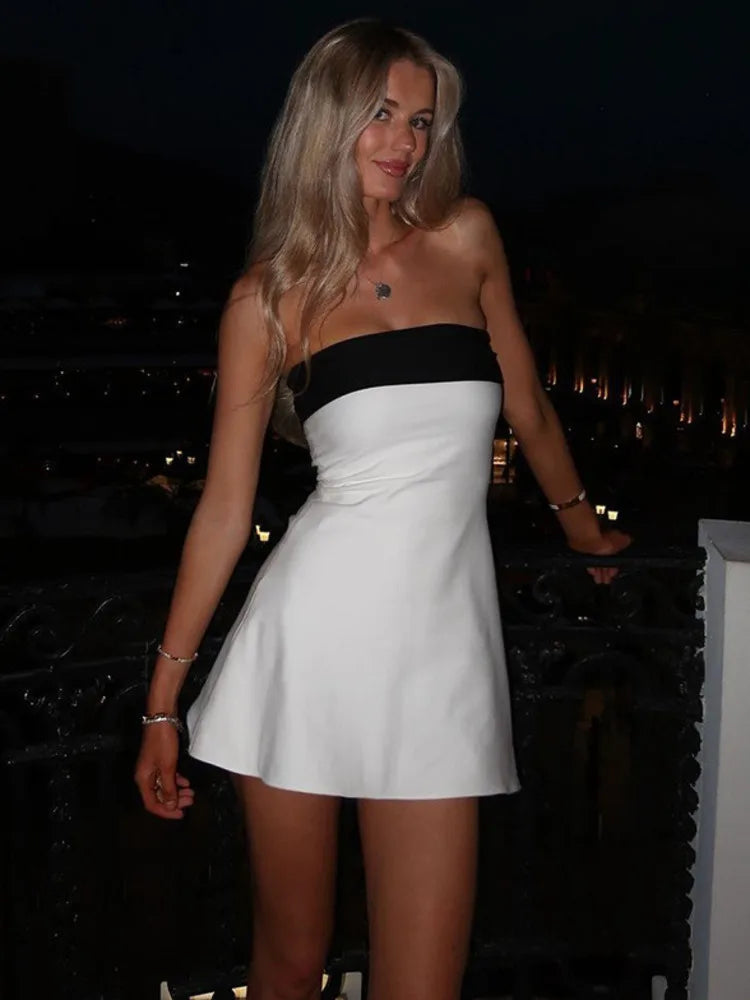 Off-shoulder Strapless Sexy Mini Dress For Women Robe Patchwork Backless Sleeveless High Waist A-line Club Party Dress