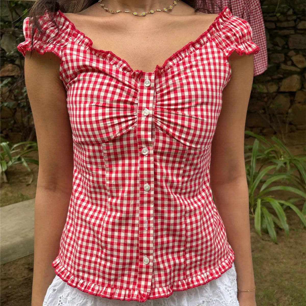 Ruffles Hem Babydoll Vest Women Fairy Grunge Y2K T-shirts Button Front Cap Sleeve Crop Top Vinatge E-Girls Aesthetic Tee