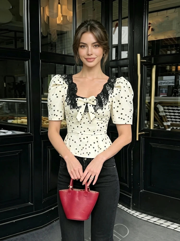 Daily Tank Top Women Sweet Lace Patchwork Trend Bow Applique Polka Dot Print Short Sleeve Patchwork Chic Party Club Tess