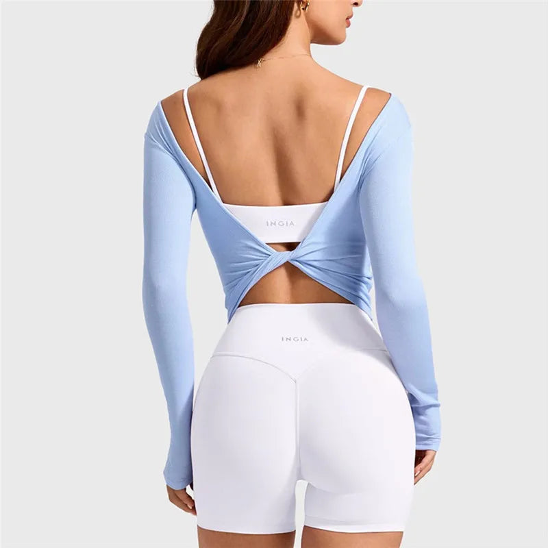 Womens Workout Tops Long Sleeve Deep V Neck Solid Color Twist Front Slim Fit Cropped Shirts for Gym Yoga Ballet Pilates