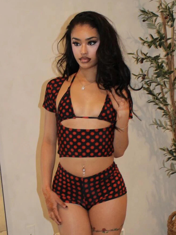Sexy Fashion Print 3 Piece Sets Women Summer Trend Halter Bra Tops+Short Sleeve Crop Tops+Skinny Shorts Hipster Suits