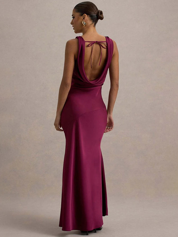 Satin Cowl Neck Backless Sexy Maxi Dress Women Gown Fashion Sleeveless Lace-up Bodycon Club Party Long Dress Female