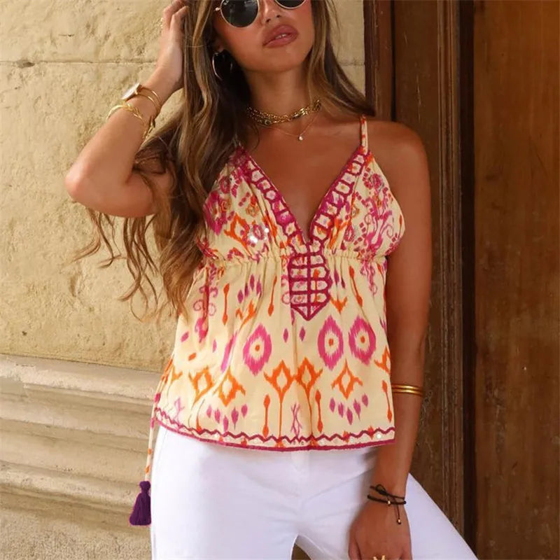 Boho Beach Floral Print Embroidery Camis for Women Tops Casual Deep V Neck Sleeveless Backless Tassel Strap Top Summer