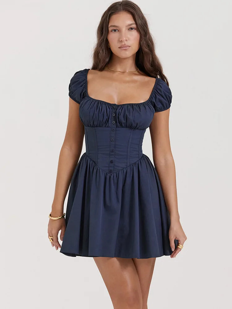 Square Collar Pleated Mini Dress For Women Navy Blue Fashion Short Sleeve Backless A-line Club Party Sexy Dress Elegant