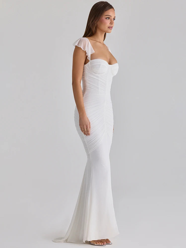 Sweetheart Neck Sexy Mermaid Maxi Dress Women Elegant Ruffle Sleeves Bodycon Evening Club Party Long Dress Female Gown