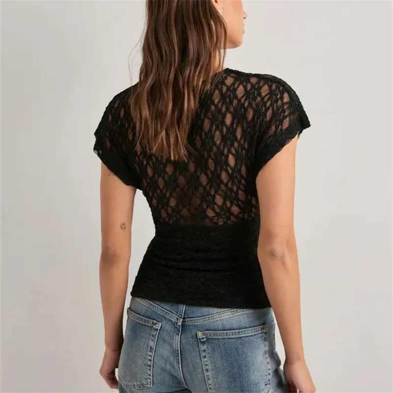 Women Sheer Lace Tops Solid Slim Fit V Neck Cap Sleeve See Through Crop Shirts for Summer Going Out Office Streetwear