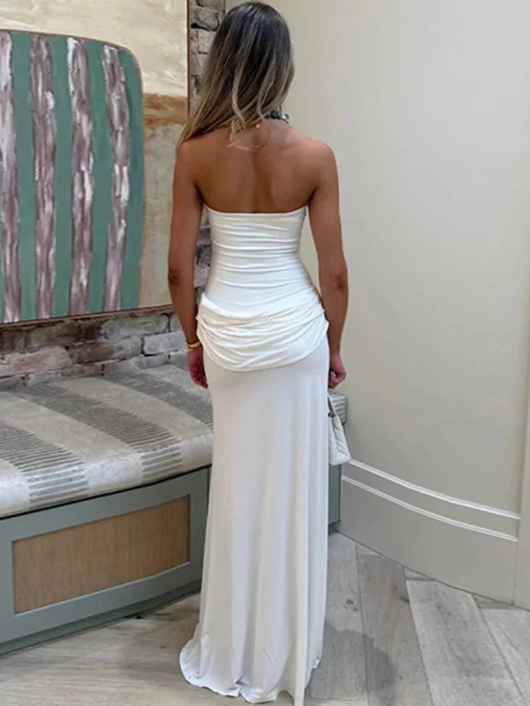 Off-shoulder Strapless Sexy Maxi Dress Women Elegant Sleeveless Backless Ruched High Split Club Party Long Dress