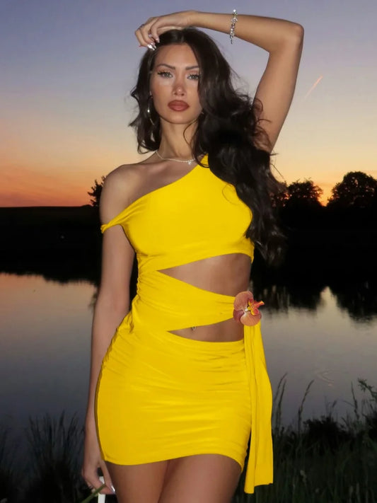 Asymmetrical Cutout One Shoulder Mini Dress Yellow Black Sexy Beach Vacation Dresses for Summer Outfits