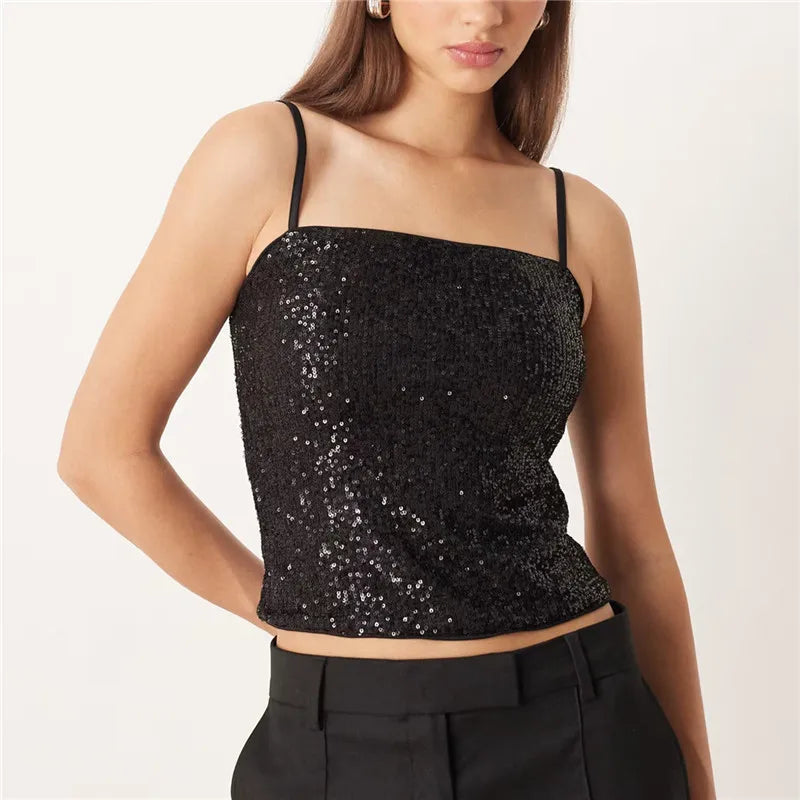 Sequin Camisole Women Skinny Tank Top Summer New Trend Music Festival Sexy Sweet Beach Party Y2K Streetwear