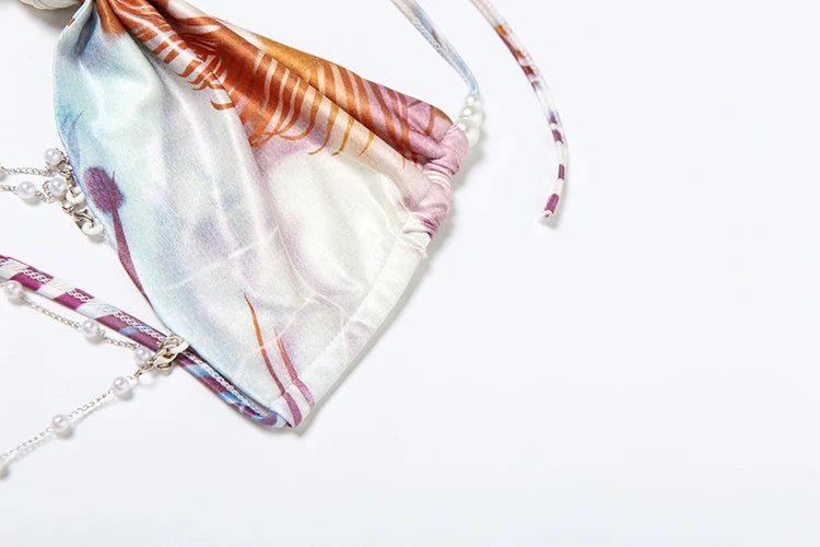 Backless Women Dress Pearl Chains Knot Wrap Summer Tie Dye Print Halter Bandage Backless Skinny Party Mini Bodycon