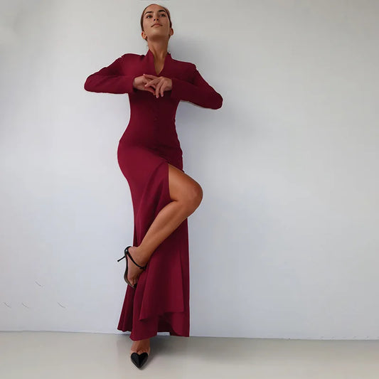 Button V Neck Long Sleeve Split Maxi Dress Red Black Elegant Evening Party Dresses Winter Clothes Woman