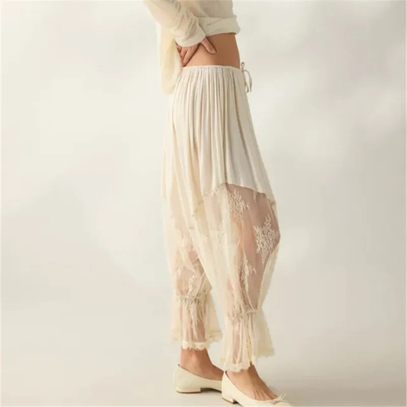 Boho Vintage Sheer Lace Harem Pants Elastic Waist Drawstring Floral Embroidery Cropped Loose Casual Pants Streetwear